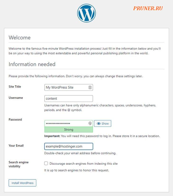 Форма установки WordPress