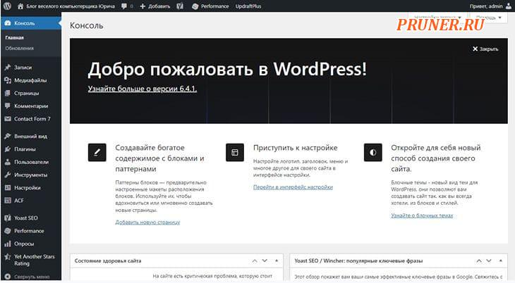 Скриншот панели управления wordpress
