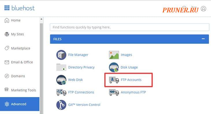 Опция FTP-аккаунтов в Bluehost